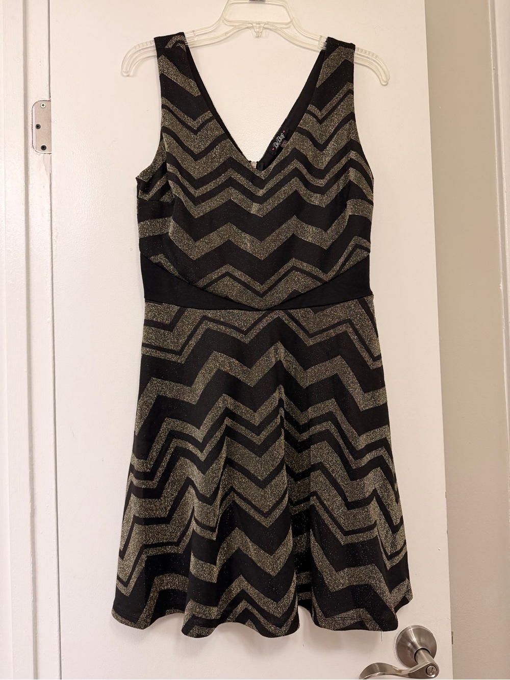 BeBop Black & Gold Chevron V-Neck Mini Dress